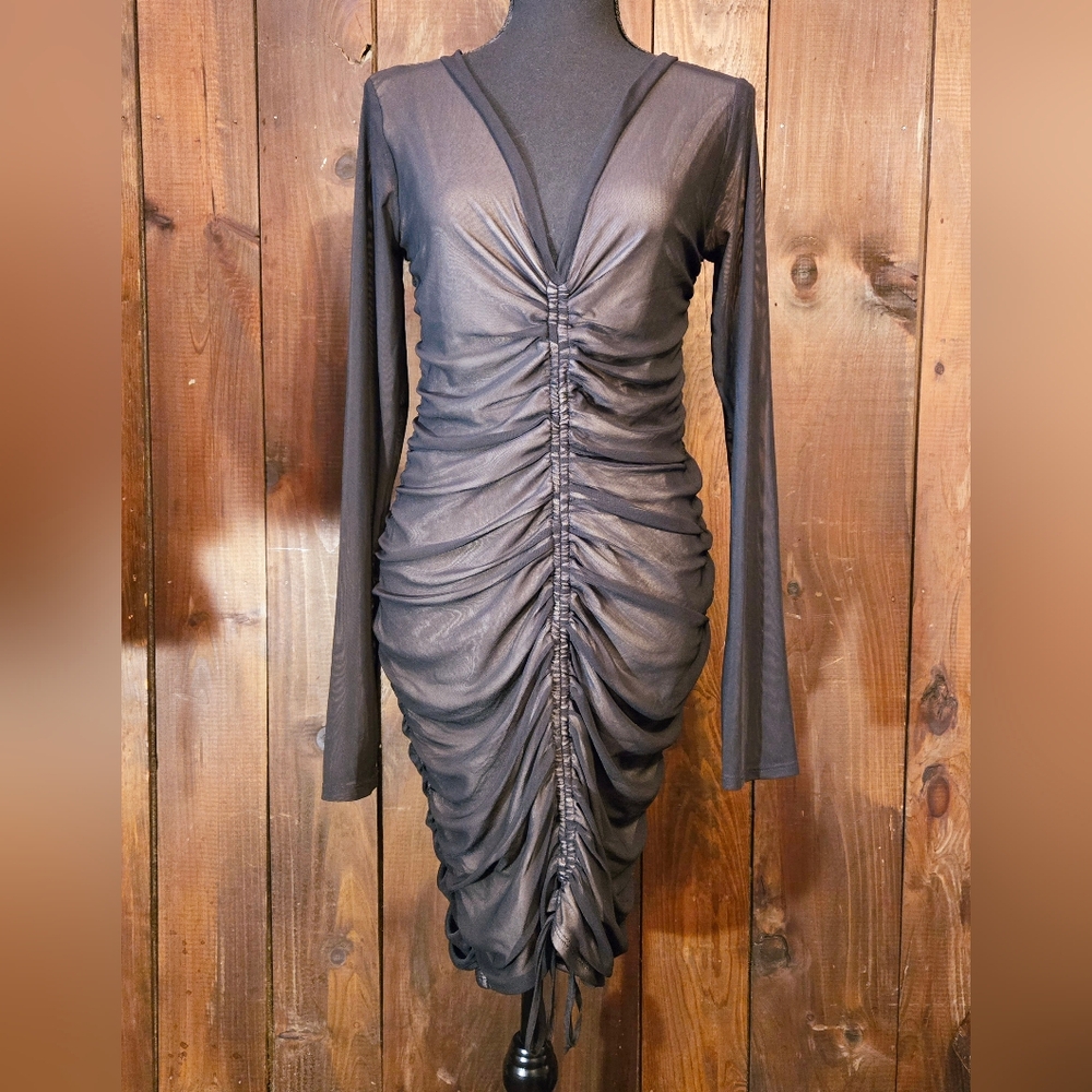 XL, Long-sleeved, black, ruched mini dress, "Paparazzi Ruched Mesh LBD"